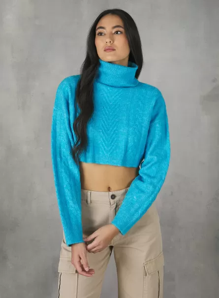 Alcott Donna Consegna Pullover Cropped A Collo Alto Maglieria Maz2 Azzurre Mel Med