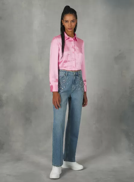 Pk2 Pink Medium Alcott Camicia Satin Cropped Con Pince Donna Camicie E Bluse Spedizione