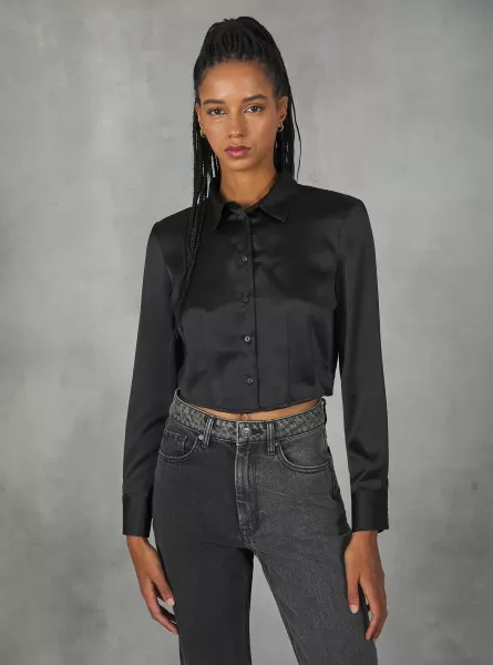 Bk1 Black Camicie E Bluse Donna Camicia Satin Cropped Con Pince Alcott Efficienza