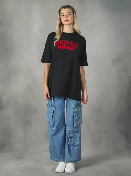 Decorativo T-Shirt Maglietta Stranger Things / Alcott Oversize Donna Bk1 Black