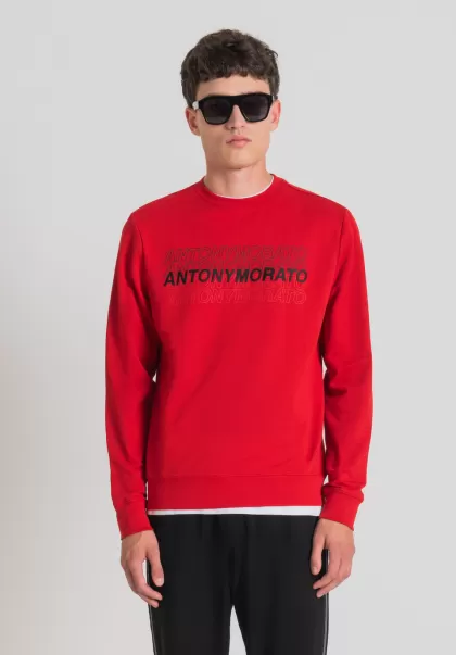 Antony Morato Rosso Felpe Uomo Felpa Slim Fit In Morbido Cotone Stretch Con Stampa Logo Gommata A Contrasto
