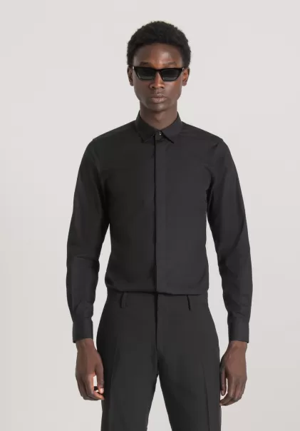 Camicia Slim Fit “London” In Cotone Easy Iron Con Abbottonatura Nascosta Uomo Nero Camicie Antony Morato