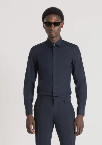 Antony Morato Ink Blu Camicie Uomo Camicia Slim Fit “London” In Cotone Easy Iron Con Abbottonatura Nascosta