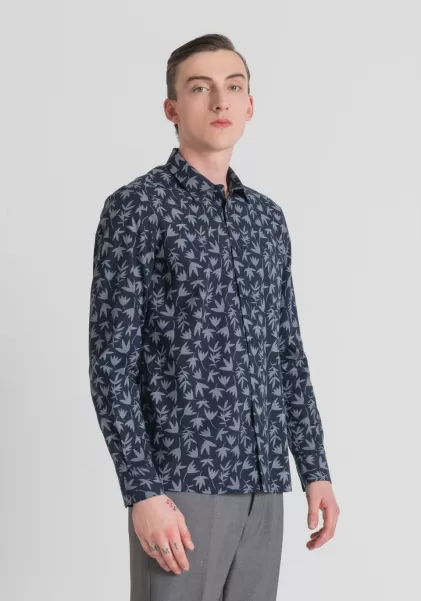 Uomo Camicia Regular Fit “Barcelona” In Misto Cotone Stampato Antony Morato Camicie Ink Blu