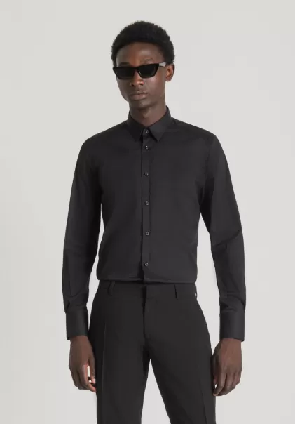 Camicia Super Slim Fit “Milano” In Fresco Popeline Di Cotone Misto Stretch Uomo Nero Antony Morato Camicie
