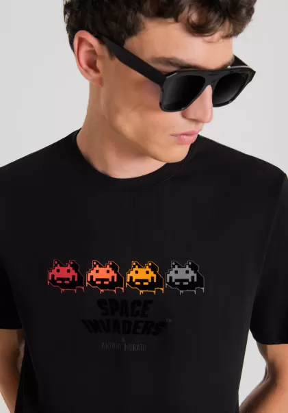 Nero Antony Morato T-Shirts E Polo Uomo T-Shirt Regular Fit In 100% Cotone Con Stampa Space Invaders