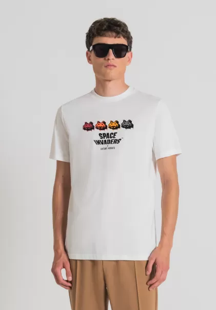 Crema Antony Morato T-Shirts E Polo T-Shirt Regular Fit In 100% Cotone Con Stampa Space Invaders Uomo