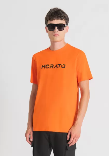Arancione T-Shirts E Polo T-Shirt Regular Fit In Puro Cotone Con Stampa Logo Gommata Uomo Antony Morato