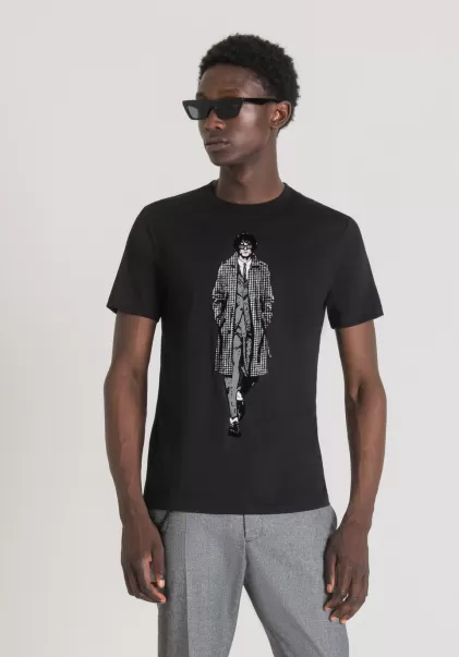 Uomo T-Shirts E Polo Nero T-Shirt Slim Fit In Puro Cotone Con Stampa Frontale Antony Morato