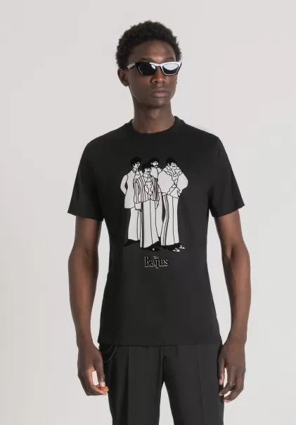 Uomo T-Shirt Regular Fit In 100 % Cotone Con Stampa “The Beatles” Nero T-Shirts E Polo Antony Morato