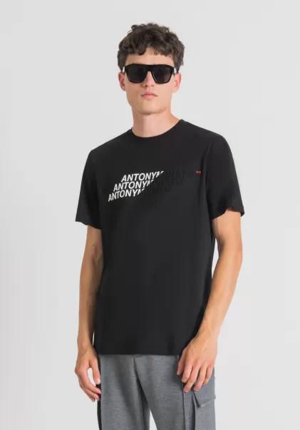T-Shirts E Polo Nero T-Shirt Regular Fit In Cotone Con Stampa Logo Effetto Gommato Antony Morato Uomo