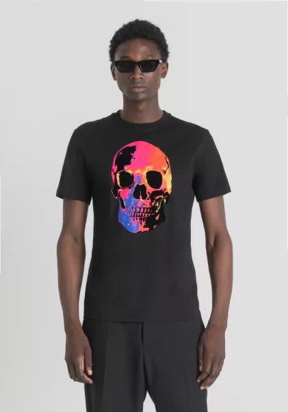 Nero T-Shirts E Polo T-Shirt Slim Fit In 100% Morbido Cotone Con Stampa Teschio Antony Morato Uomo