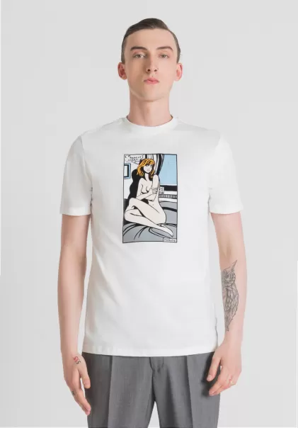 Antony Morato Crema T-Shirts E Polo T-Shirt Regular Fit In 100% Cotone Con Stampa Vignetta Uomo