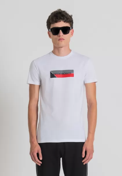 T-Shirts E Polo Bianco Uomo T-Shirt Super Slim Fit In Cotone Elastico Con Stampa Frontale Antony Morato