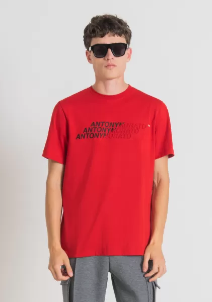 Rosso Antony Morato T-Shirt Regular Fit In Cotone Con Stampa Logo Effetto Gommato Uomo T-Shirts E Polo