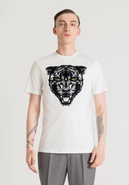 Uomo Antony Morato T-Shirt Regular Fit In 100% Morbido Cotone Con Stampa Pantera T-Shirts E Polo Crema