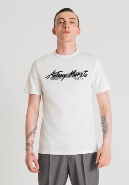 Uomo T-Shirts E Polo T-Shirt Regular Fit In Puro Cotone Con Stampa Logo Gommata Antony Morato Crema