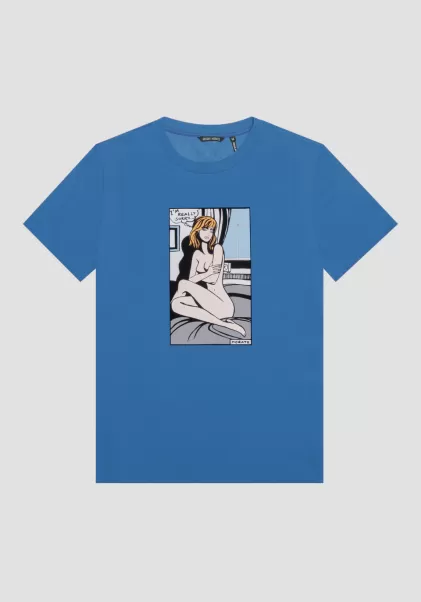 Uomo T-Shirt Regular  Fit In Cotone Con Stampa Matt Plastic E Flock T-Shirts E Polo Cobalto Antony Morato