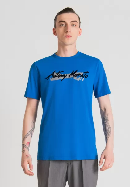 T-Shirts E Polo T-Shirt Regular Fit In Puro Cotone Con Stampa Logo Gommata Antony Morato Cobalto Uomo