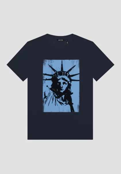 Ink Blu T-Shirts E Polo Uomo T-Shirt Regular Fit In 100% Cotone Con Stampa Statua Della Libertà Antony Morato
