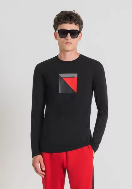 Antony Morato T-Shirts E Polo Uomo Nero T-Shirt Super Slim Fit A Maniche Lunghe In Cotone Elastico Con Stampa Logo Gommata