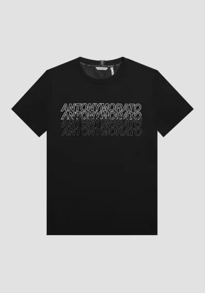Nero Uomo Antony Morato T-Shirt Slim Fit In 100% Cotone Con Stampa Logo Effetto Gommato T-Shirts E Polo