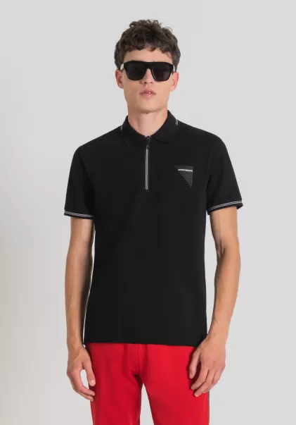 T-Shirts E Polo Antony Morato Polo Slim Fit In Piqué Di Cotone Mercerizzato Con Stampa Logo Gommata Uomo Nero