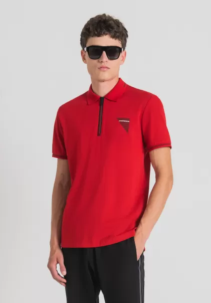 Uomo Polo Slim Fit In Piqué Di Cotone Mercerizzato Con Stampa Logo Gommata T-Shirts E Polo Antony Morato Rosso