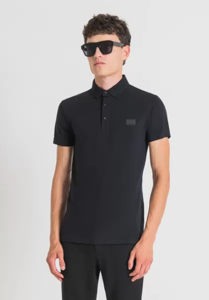 Nero T-Shirts E Polo Uomo Antony Morato Polo Super Slim Fit In Cotone Stretch Con Placchetta Logata