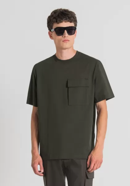 T-Shirts E Polo T-Shirt Oversize In Puro Cotone Con Taschino Lato Cuore Antony Morato Uomo Verde Militare Scuro