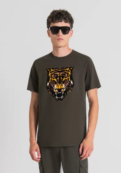T-Shirt Regular Fit In 100% Cotone Con Stampa Tigre Verde Militare Scuro Antony Morato Uomo T-Shirts E Polo
