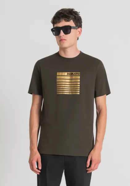 Antony Morato T-Shirts E Polo T-Shirt Regular Fit In 100% Cotone Con Stampa Flock Uomo Verde Militare Scuro