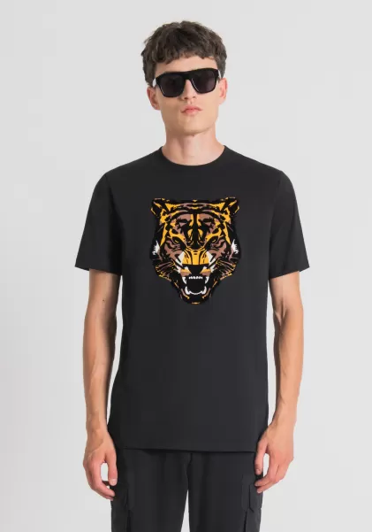 T-Shirts E Polo Uomo Nero T-Shirt Regular Fit In 100% Cotone Con Stampa Tigre Antony Morato