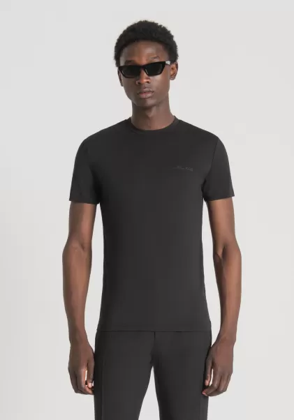 Uomo Antony Morato T-Shirt Super Slim Fit In Cotone Elasticizzato Con Stampa Logo T-Shirts E Polo Nero