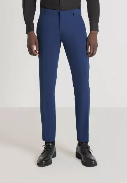 Uomo Bluette Pantaloni Slim Fit “Bonnie” In Tessuto Misto Di Viscosa Elastico Con Chiusura Nascosta Pantaloni Antony Morato